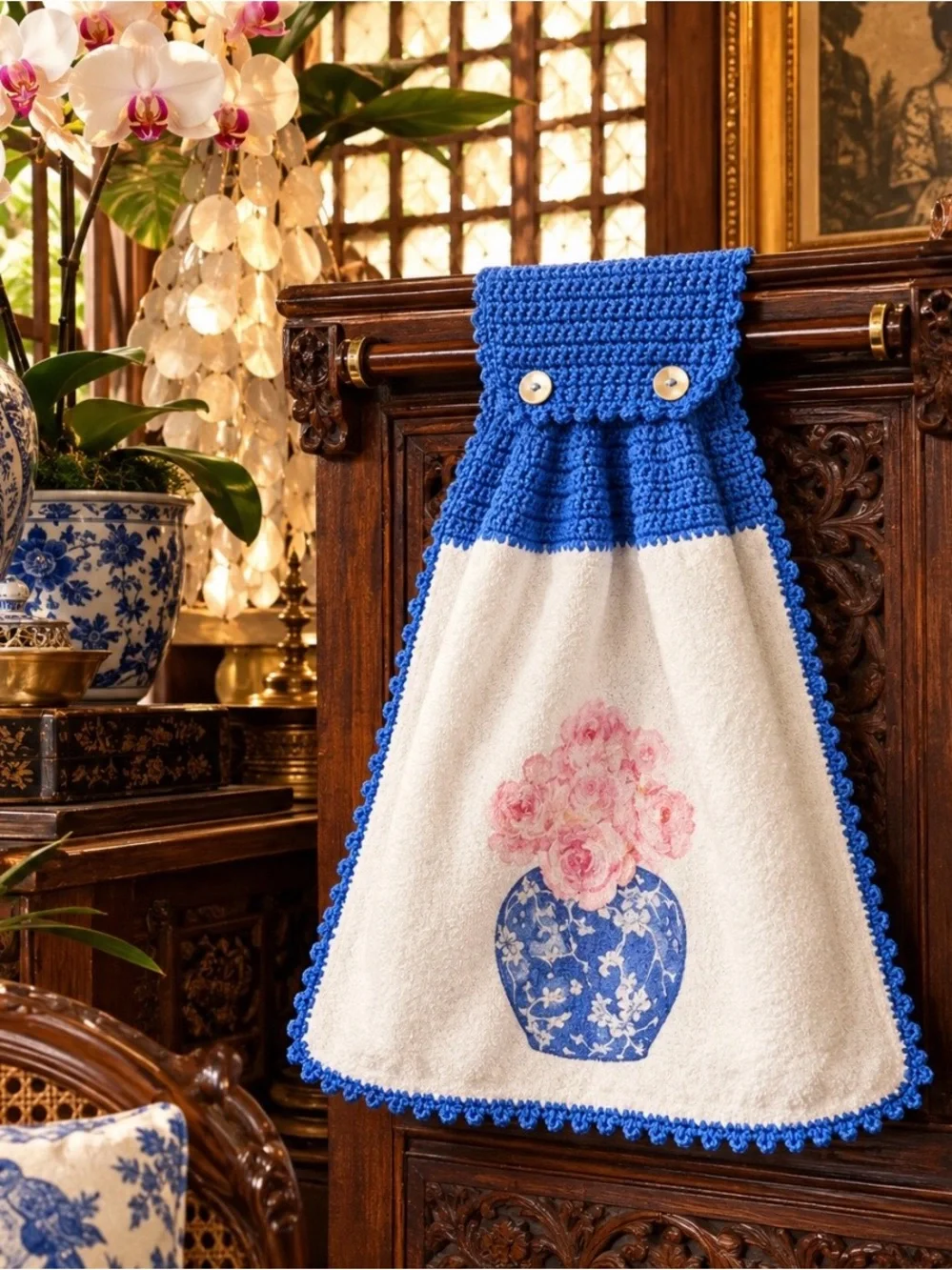 Handmade Crochet Hanging Kitchen Towel Chinoiserie Blue White Roses